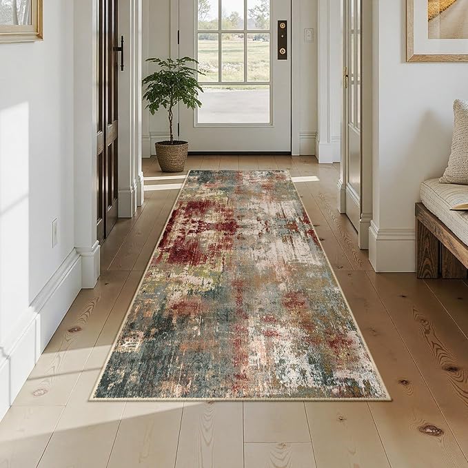 RELEANY Washable Area Rugs 2'6"x8 Non-Slip Modern Abstract Soft for Living Room Entryway Bedroom Kitchen, Print Pattern, Brown Rust Red Green Blue Multi