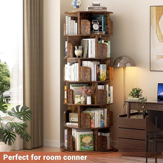 Besiost Rotating Bookshelf Tower, 6 Tier Spinning Bookcase, Revolving 360 Book Shelf Narrow Tall Bookcase, Vertical Turning Round Bookshelf Organizer, Corner Bookshelf for Small Space, Rustic Brown
