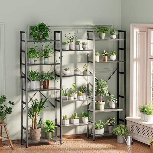 SUPERJARE Triple Bookshelf, Bookcase with 14 Open Display Shelves, Wide Book Shelf Book Case for Home & Office, 5 Tier, Grey