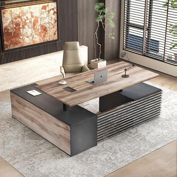 SAINTCY 70.87In L Shaped Executive Standing Desk with Drawers, Large Modern Adjustable Heigh Home Office Desk w/Universal Charging Ports, Business Workstation, Black and Warm Oak
