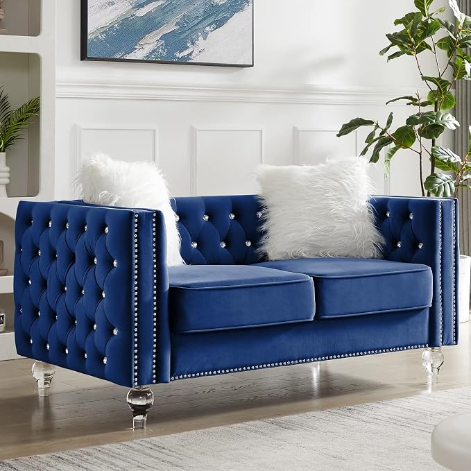 mikibama Velvet Loveseat with Buttons and Square Arms 59 Inch Tufted Sofa with Trimmed Nailhead and Acrylic Legs Loveseat Couch for Living Room,Bedroom (Navy Blue-Crystal Legs, Loveseat)
