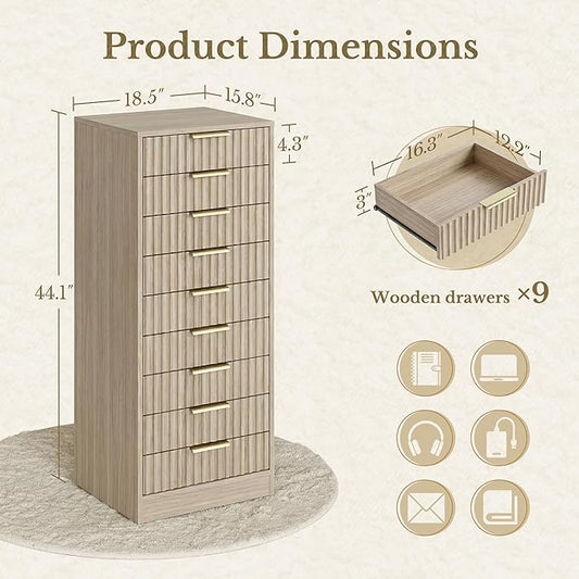 9 Drawer File Cabinet, Wooden Office Cabinet with Drawers, Fluted Storage Filing Drawer for Home Office, Light Walnut