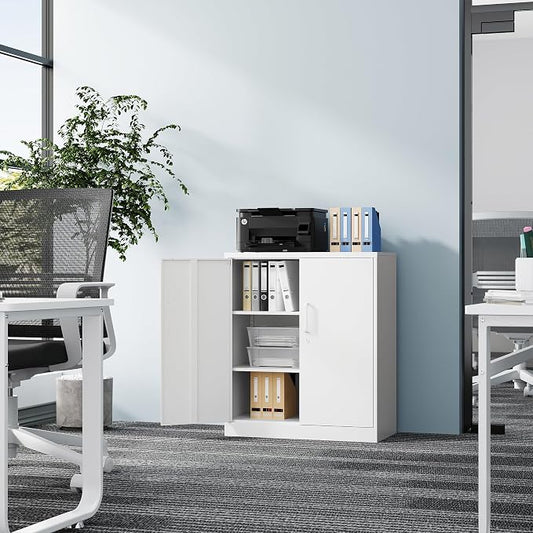 Fesbos Metal Storage Cabinet-36” Tall Steel File Cabinet with Lockable Doors and Adjustable Shelves-White Steel Storage Cabinet for Home, School, Office, Garage