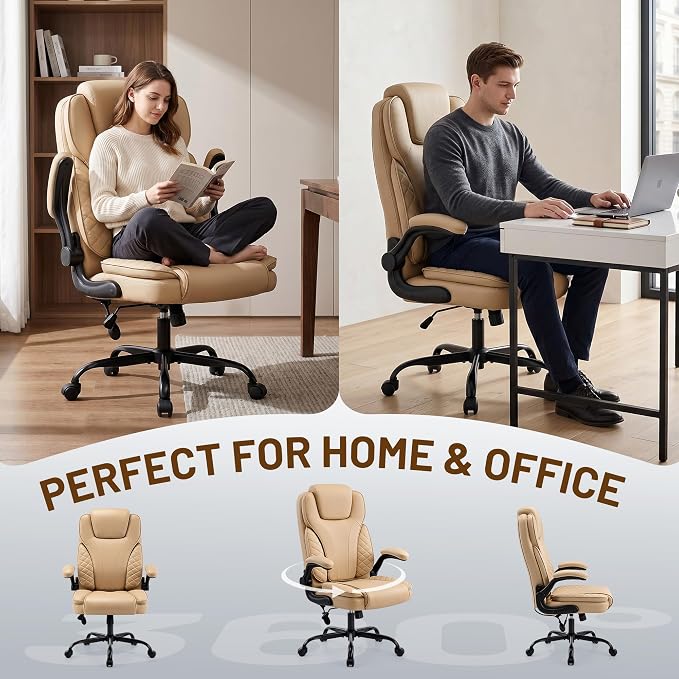 Ergonomic Office Chair, PU Leather High Back Executive Chair with Adjustable Inflatable Lumbar Support and Padded Flip-Up Arms, Recline Swivel Task Computer Chair for Home Office, Khaki