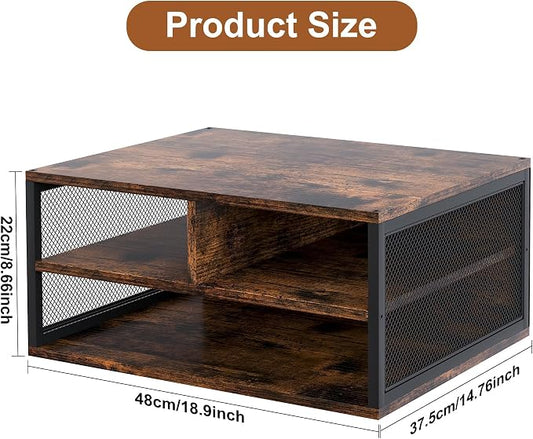 TQVAI Wood Desktop Printer Stand for Countertop, Built-in Shelves for Paper, Ink Cartridges, Supplies, 2 Tier Multi-Functional Printer Organizer for Home Office with Metal Frame,Antique Brown