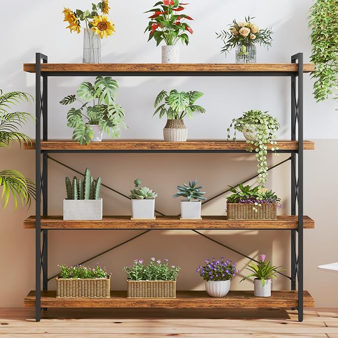 HCHQHS Large Bookshelf, 4-Tier Long Industrial Bookcase, Rustic Brown Book Shelf, Freestanding Horizontal Bookshelves with Metal Frame