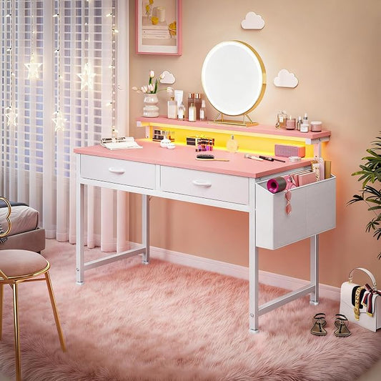 DurayLoly 31Inch Small Computer Desk with LED Lights & 2 Fabric Drawers, Gaming Desk with Side Pocket & Ergonomic Monitor Stand, Small Space Study Writing Table with Anti-Tip Design,Pink