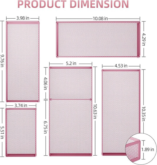 Marbrasse 5 Pack Desk Drawer Organizer Set, Mesh Drawer Storage Trays with 1 Adjustable Divider, Desk Organizers and Accessories, 5 PCS Drawer for Office Supplies, Makeup & Vanity (Pink)