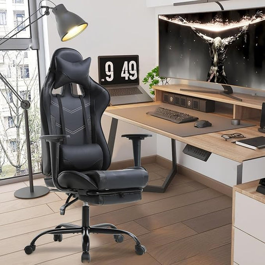 BestOffice | Ergonomic Gaming Chair | Black | Reclining Computer Chair with Lumbar Support, Headrest Pillow, Adjustable Footrests | 360 Swivel with Heavy Duty Wheels | for Home & Office
