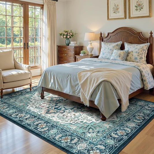 Lofus 5x7 Washable Rugs Non-Slip, Vintage Floral Area Rug for Living Room Bedroom Dining Room Kitchen, Low Pile Distress Print Medallion Carpet Home Decor Rug, Floral Green Beige