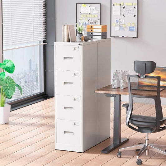 Pataku 4 Drawer File Cabinet with Lock, Sturdy Metal Vertical Filing Cabinets for Home Office, Under Desk Paperwork Storage Fully Extendable Slides Letter Legal A4 Size 18x15x52 Inches, White