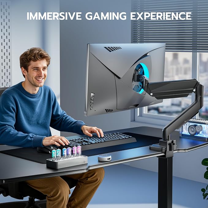 ARES WING Ultrawide Monitor Arm, Heavy Duty Single Monitor Mount for 13"-49" Curved Screens with USB, Adjustable Stand for Desk with C-clamp & Grommet Base up to 40 LBS, Black
