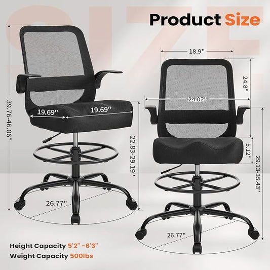 Drafting Chair 500LBS – Tall Office Chair with Adjustable Height & Foot Ring for Standing Desk, Ergonomic Mesh Chair with Flip-Up Armrests, Thick Curved Seat for Home Office & Creative Work