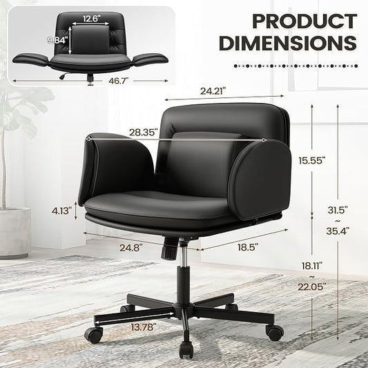 Furmax Vanity Chair with Adjustable Armrests, Comfortable Oversized PU Leather Criss Cross Chair with Wheels, Wide Office Desk Chair for Home, Make Up, Bed Room (Black)
