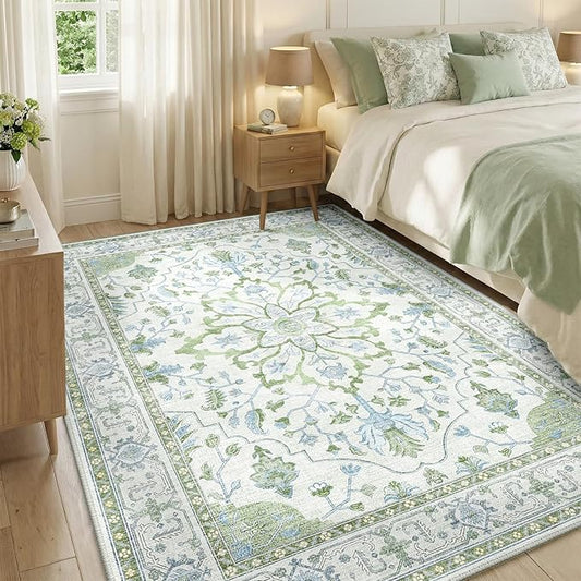 RELEANY Area Rugs 5'x8' Washable Non-Slip, Floral Vintage Distress Medallion Carpet for Living Room Bedroom Dining Room, Green White Blue