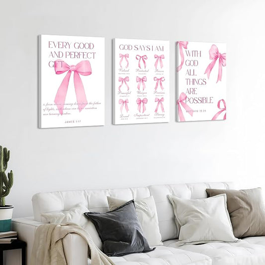 Coquette Pink Bow Wall Art Decor Canvas Posters Framed, Inspirational Bible Verses Bow Wall Decor,Room Bedroom Bathroom Decor Aesthetic for Teen Girls Gifts, 12x16 Inch Set of 3 Bow Pictures