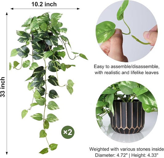 Fake Plants 2 Pcs Faux Pothos Plants Potted Indoor Artificial Hanging Plants Realistic Fake Greenery Table Desk Bathroom Office Bedroom Living Room Shelf Modern Farmhouse Decor Outdoor