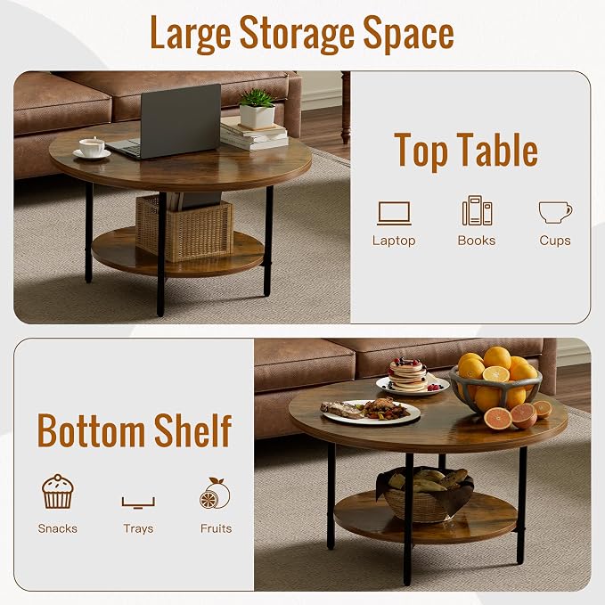 FAMIDGE Round Coffee Table, 27.6" Circle Coffee Table for Living Room, 2-Tier Wood Accent Center Table with Open Storage Industrial Design Home Furniture, Rustic Brown