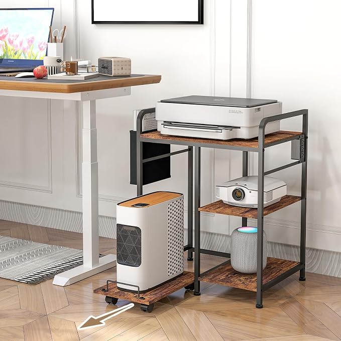 Sedegn Large Printer Stand with 3 AC Outlets for Home Office Devices | Heavy-Duty Printer Table for Laser Printer, Side Paper Storage Bag, 3-Tier Organizer for Shredder, PC Tower & Supplies, Brown