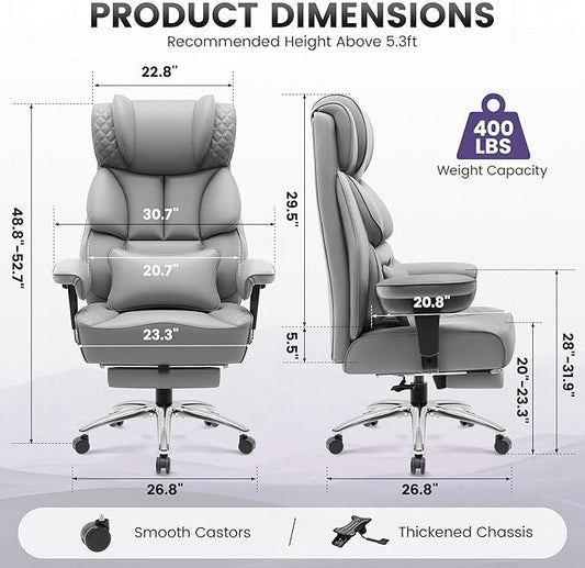 BestGlory Office Desk Chair, Big and Tall Leather Gaming Chair with Footrest, Wide Ergonomic Comfy Executive High-Back Reclining Computer Chairs, Swivel Rolling Wheels and Padded Lumbar Support, Gray