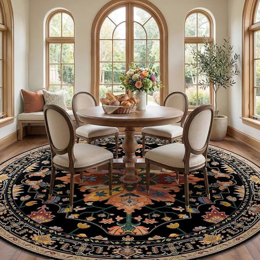 RELEANY Area Rugs Round 8ft Washable Non-Slip, Floral Vintage Distress Medallion Carpet for Living Room Bedroom Dining Room, Black Colorful Floral Dark Tan