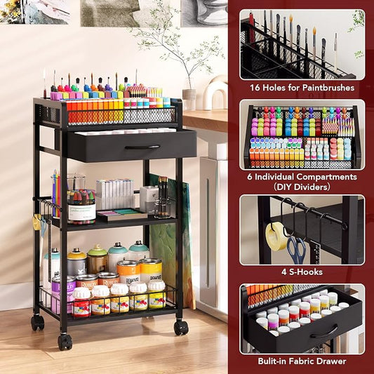 Homsorout 3 Tier Rolling Cart - Metal Utility Cart with Storage Drawer and Wheels, Versatile Art & Craft Organizer for Home, Office, or Studio Ideal for Storing Brushes, Paints, and Supplies Black