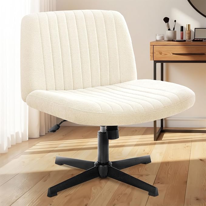 NEO CHAIR Criss Cross Chair No Wheel Vanity Desk Chair Wide Armless Cross Legged Office Comfy Makeup Adjustable Computer Task for Home Office Fabric (Beige)
