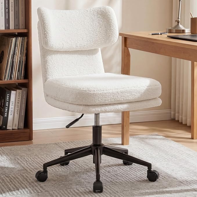 COMHOMA Vanity Chair with Ergonomic Curved Backrest, Home Office Desk Chair with Silent Wheel, Wide Seating Computer Chair for Girls Women Bedroom, Soft Teddy Fabric, White