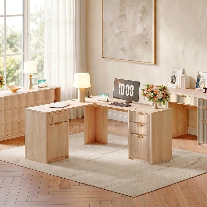 Whalefall 63'' Fluted L Shaped Desk with Drawers, Natural Oak | Corner Computer Desk with Charging Station, Modern Executive Home Office L Desk with File Cabinet Storage