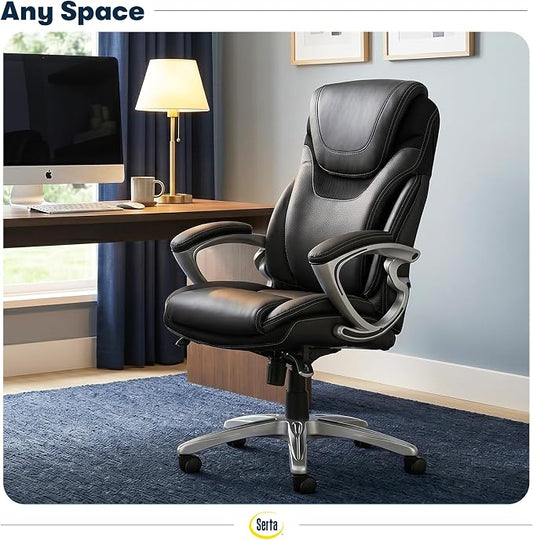 Serta Bryce Executive Office Chair - Ergonomic Computer DeskChair with Lumbar Technology - Adjustable Height - Memory Foam Body Pillows - 360° Swivel Rolling Base - Bonded Leather - Black
