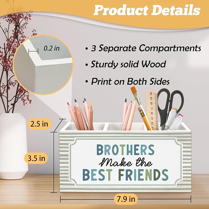 Boy Nursery Decor Kids Pen Holder Organizer for Desk Accessories, Brothers Make the Best Friends Neutral Striped Wooden Box Sign Desk Decorations for Kids Boys Room Bedroom Playroom Decor