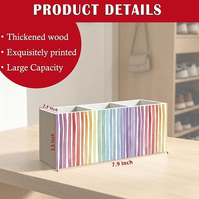 Boho Rainbow Striped Pen Pencil Holder Organizer for Office Classroom Desk Decor Accessories, Watercolor Colorful Rainbow Wood Signs Makeup Brush Toothbrush Holder for Bathroom Vanity