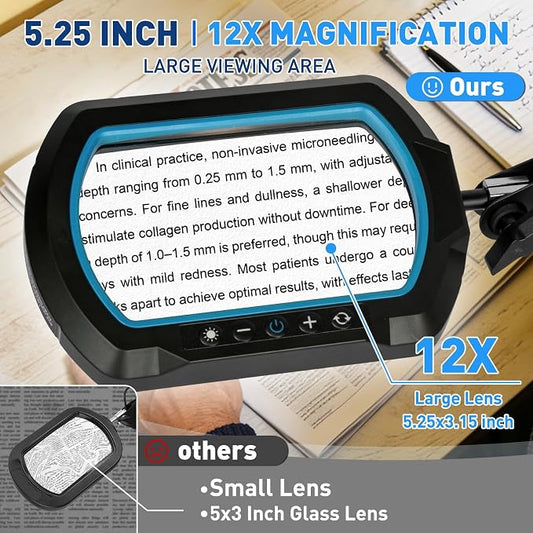 HITTI 12X Square Magnifying Glass with Light and Clamp, Hands-Free Lighted Stand with Ultra Long 3-Section Arm | 5 Color Modes & Stepless Dimming LED Desk Lamp for Workbench,Modelling,Puzzle-Blue