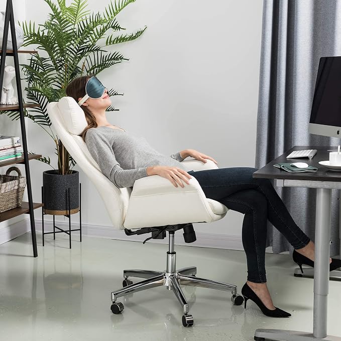 Glitzhome Home High-Back Office Chair Leather Adjustable Swivel Desk Chair with Arms, Cream