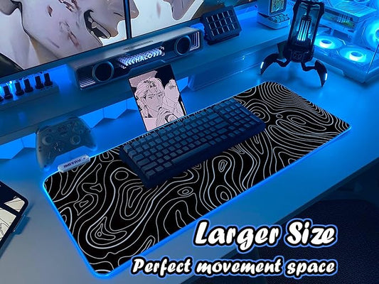 JMIYAV White Gaming Mouse Pad RGB Mousepad 31.5x12In Non-Slip Rubber Base Extra Large Cool XL XXL Computer Desk Pad Gaming Accessories Setup LED Light Up Big Mouse Pad for Gamer Topographic Black