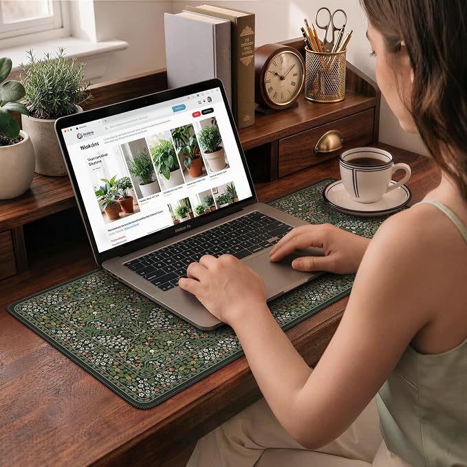 iCasso Aesthetic Floral Desk Mat, L Mouse Pads, Anti-Slip Mousepad with Stitched Edges, Waterproof Computer Pad 11.8"x31.5", Desk Accessories Office Decor for Women(Retro Green)