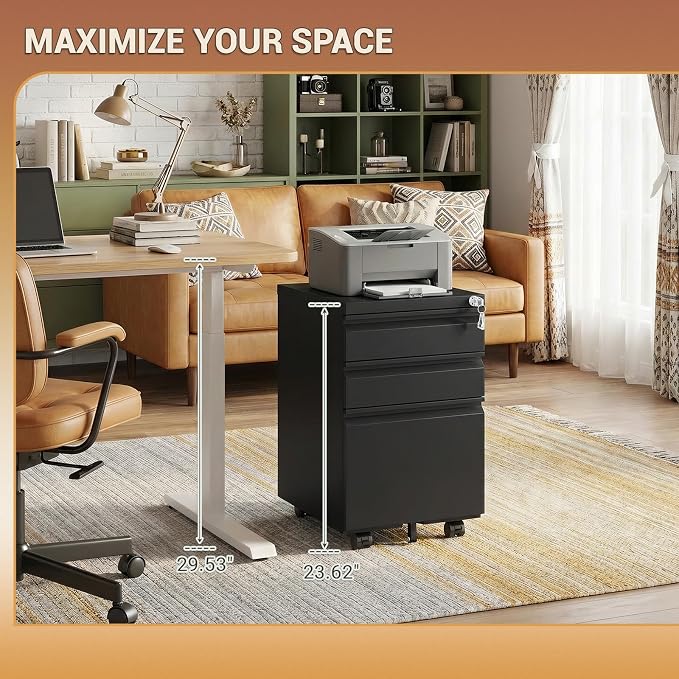 3 Drawer Under Desk Storage,Small File Cabinet with Lock,Filing Cabinet for Home Office,Mobile Metal Drawer Organizer for Letter/Legal/A4,Fully Assembled,Black