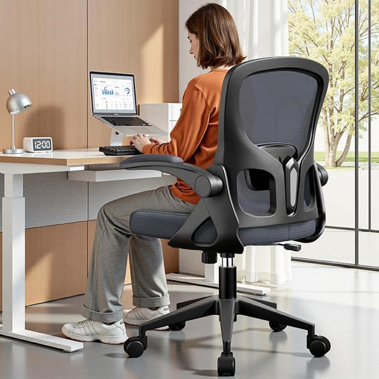 Office Chair Ergonomic Desk Chair, Adjustable Lumbar Support Rolling Swivel Comfy Chair with Space-Saving Flip Up Armrests, Mesh Gaming Chair for Business Work Office & Home, Dark Gray