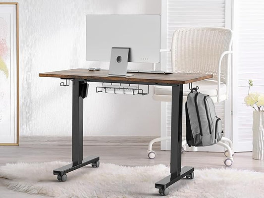 SHW 40-Inch Mobile Electric Height Adjustable Sit to Stand Desk with Drawer, Hanging Hooks and Cable Management, Rustic Brown
