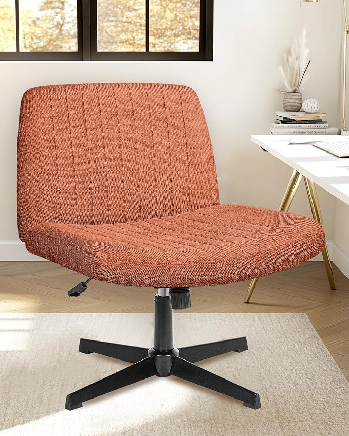 NEO Chair Criss Cross Chair No Wheels, Armless Cross Legged Office Desk Chair, Vanity Makeup Fabric Computer Comfy Adjustable Swivel Ergonomic Living Bedroom for Home Office (Fabric Brown)