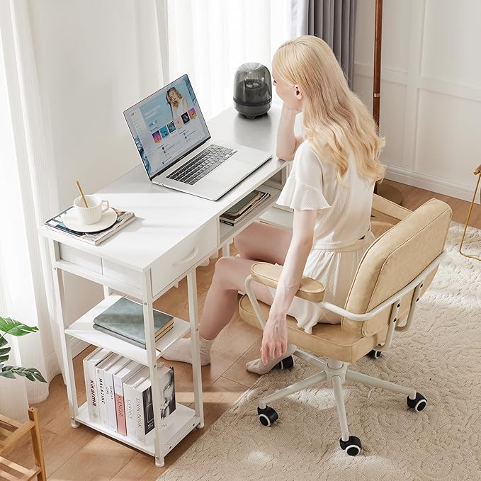 48" Small Gaming Desk with Drawers, Home Office Computer Writing Study Table with Storage Side Bag, Headphone Hook, and Adjustable Feet for Bedroom, Ivory