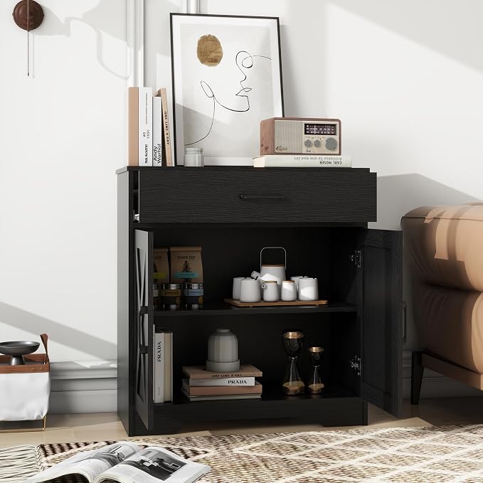 Panana Wooden Cabinet 1 Drawer and 2 Doors Storage Cupboard Coffee Bar Sideboard Farmhouse Entryway Organizer Console (Black)