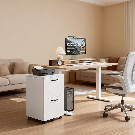 2 Drawer Filing Cabinet, Wood Rolling Filing Cabinets with Printer Stand, Under Desk Storage Lockable Wheels, Home Office Organizer for A4 Letter Legal Size Documents,White