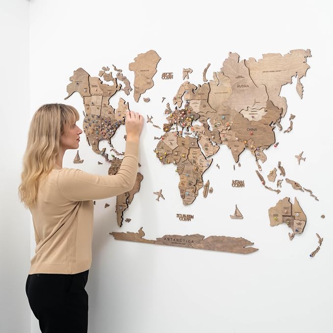 Enjoy The Wood 3D Wooden World Map Wall Art - Large Travel Map with Pins for Art Decor - Decorative Map of the World for Home, Office - Travel Wall Art Housewarming Gift Idea (Terra, 3XL, Unframed)