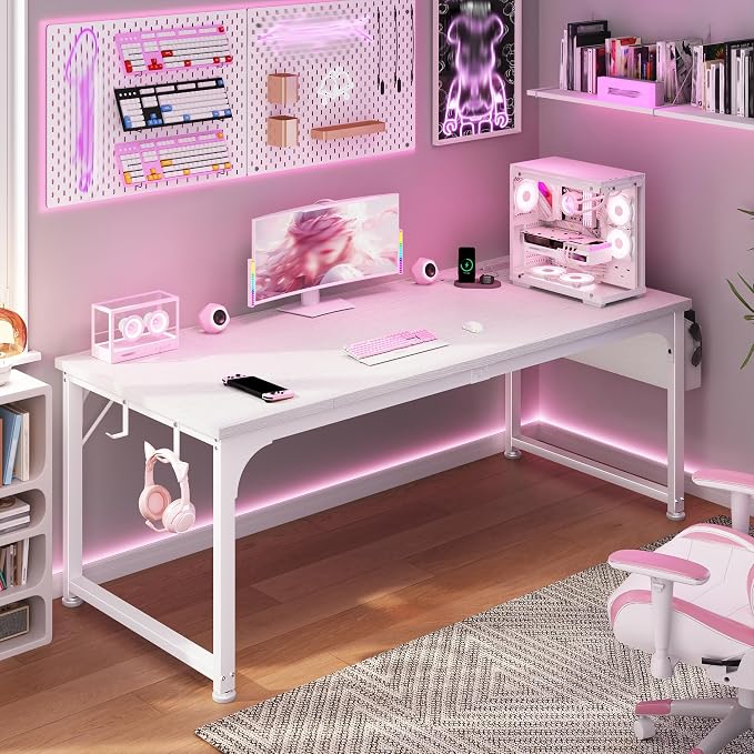 DurayLoly 63 x 24 inch Large Desk, 24mm Thick Heavy Duty Computer Desk with RGB LED & Power Outlets, Gaming Desk with Detachable Stand, Hooks & Storage Bag, 150LBS Load Capacity, White