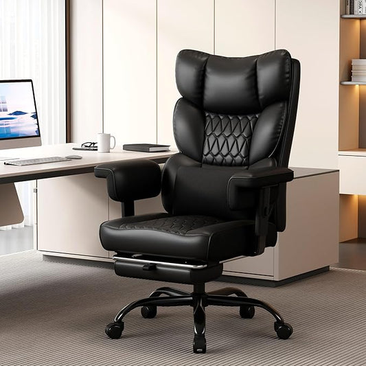 Misolant Big and Tall Office Chair with Footrest, High Back Executive Desk Chair with Adjustable Lift Armrest, 155°Recline,Lumbar Support Pillow, Faux Leather Gaming Chairs for Home or Office Black
