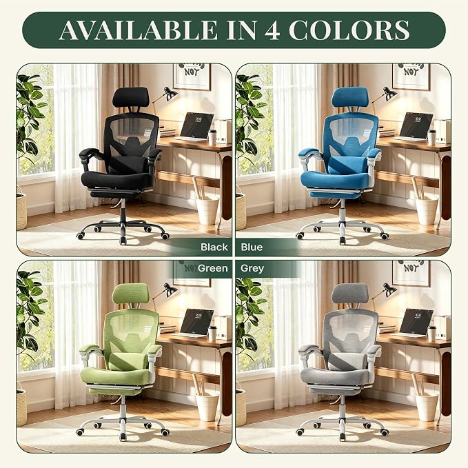 Ergonomic Office Chair with Footrest, High Back Home Desk Computer Chair with Lumbar Support & Headrest, 90-135° Reclining Mesh Back with Wheels for Work, Gaming, Black