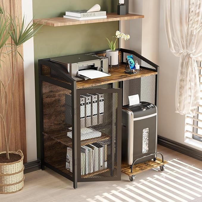 Printer Stand with Charging Station, Mobile Shredder Stand – 3 Tier Lateral Printer Table with Open Storage Shelves- Printer Cabinet for Office Home Use with Adjustable Shelves and Mesh Door