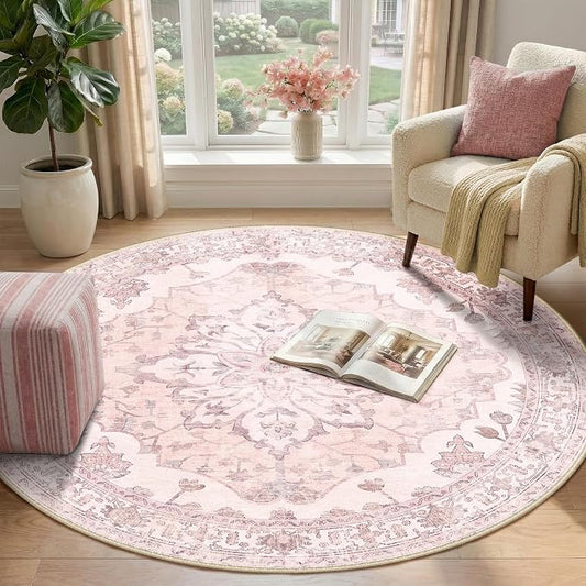 RELEANY Area Rugs Round 4ft Washable Non-Slip, Floral Vintage Distress Medallion Carpet for Living Room Bedroom Dining Room, Pink Greypink Cute