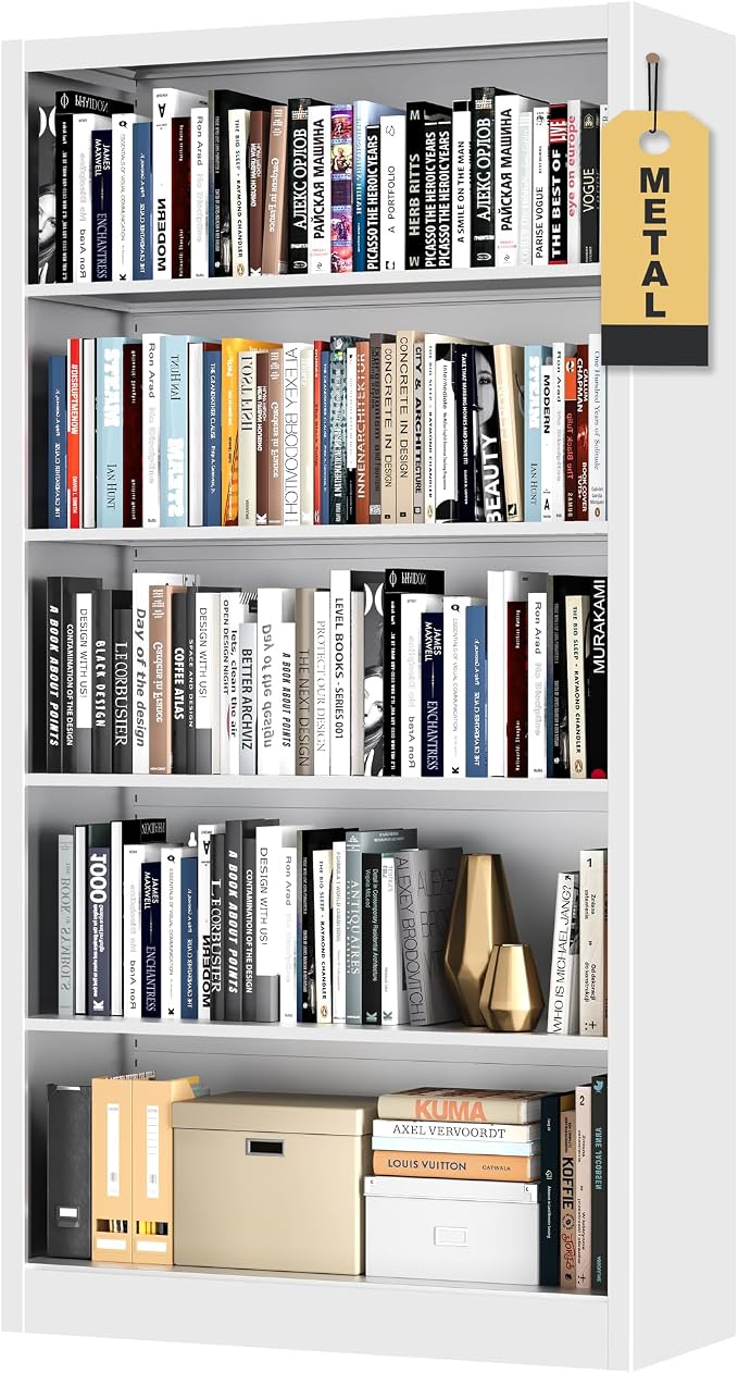 OSEILLC Bookcase,5 Tier White Bookshelves,66" Tall Free Standing Metal Bookcase with Adjustable Storage Shelves, Industrial Wide Bookshelf for Bedroom Living Room Home Office School